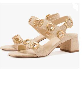 YDN Beige Open Toe Sandals Block Dressy Low Heels Backstrap with Buckle Shoe
